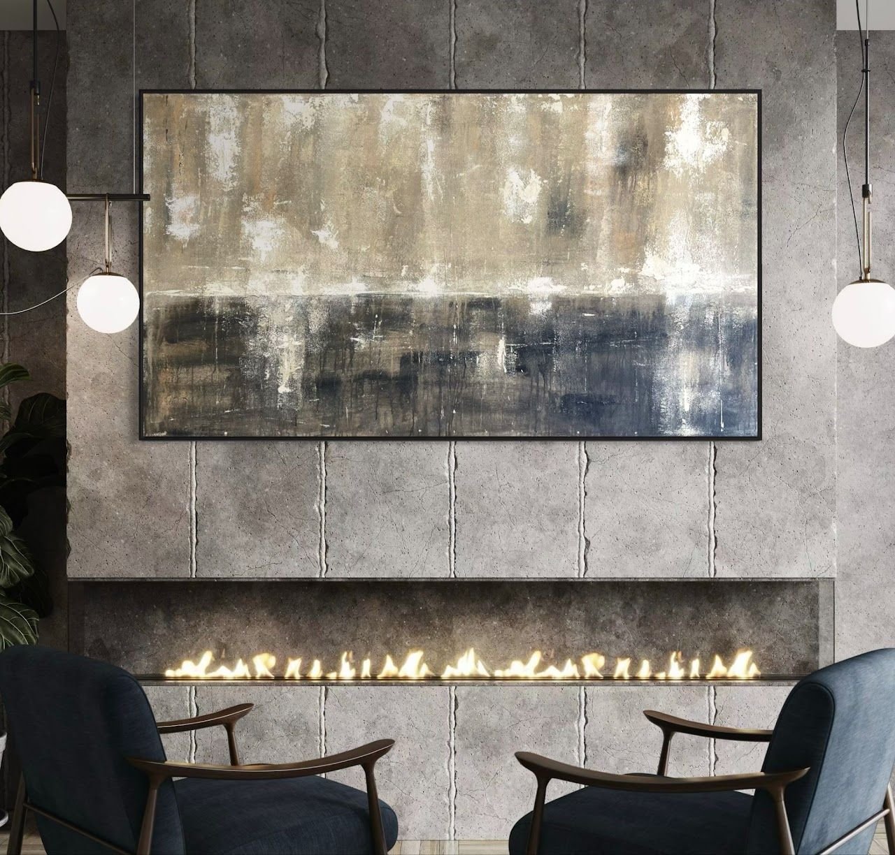 Large grey abstract painting by Joanna Purvis above a modern fireplace
