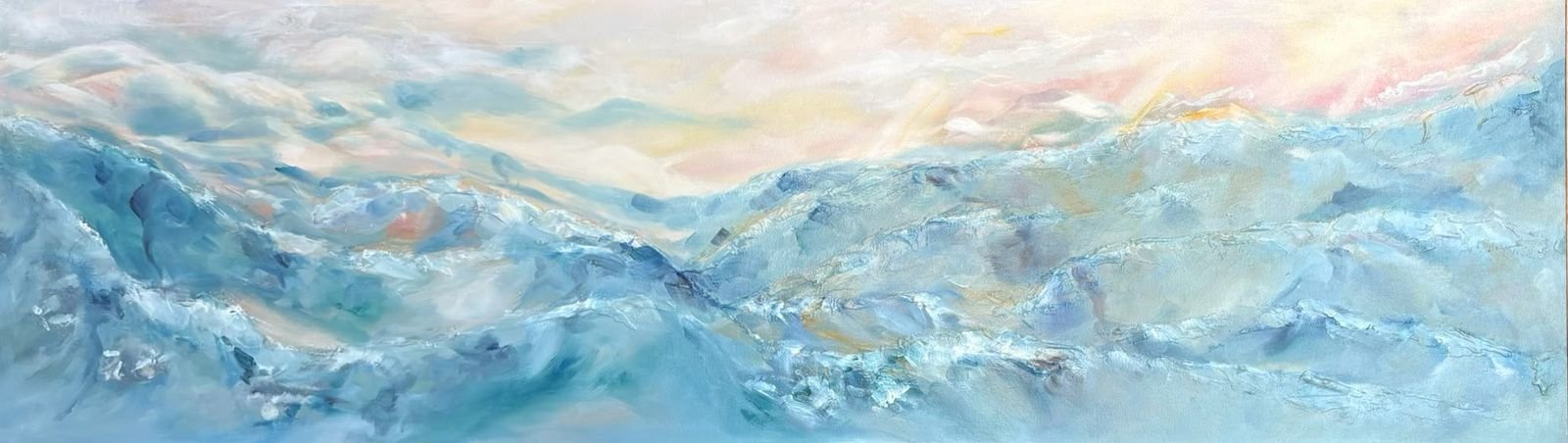Calm view, wide abstract sea painting in blue and pink by Joanna Purvis