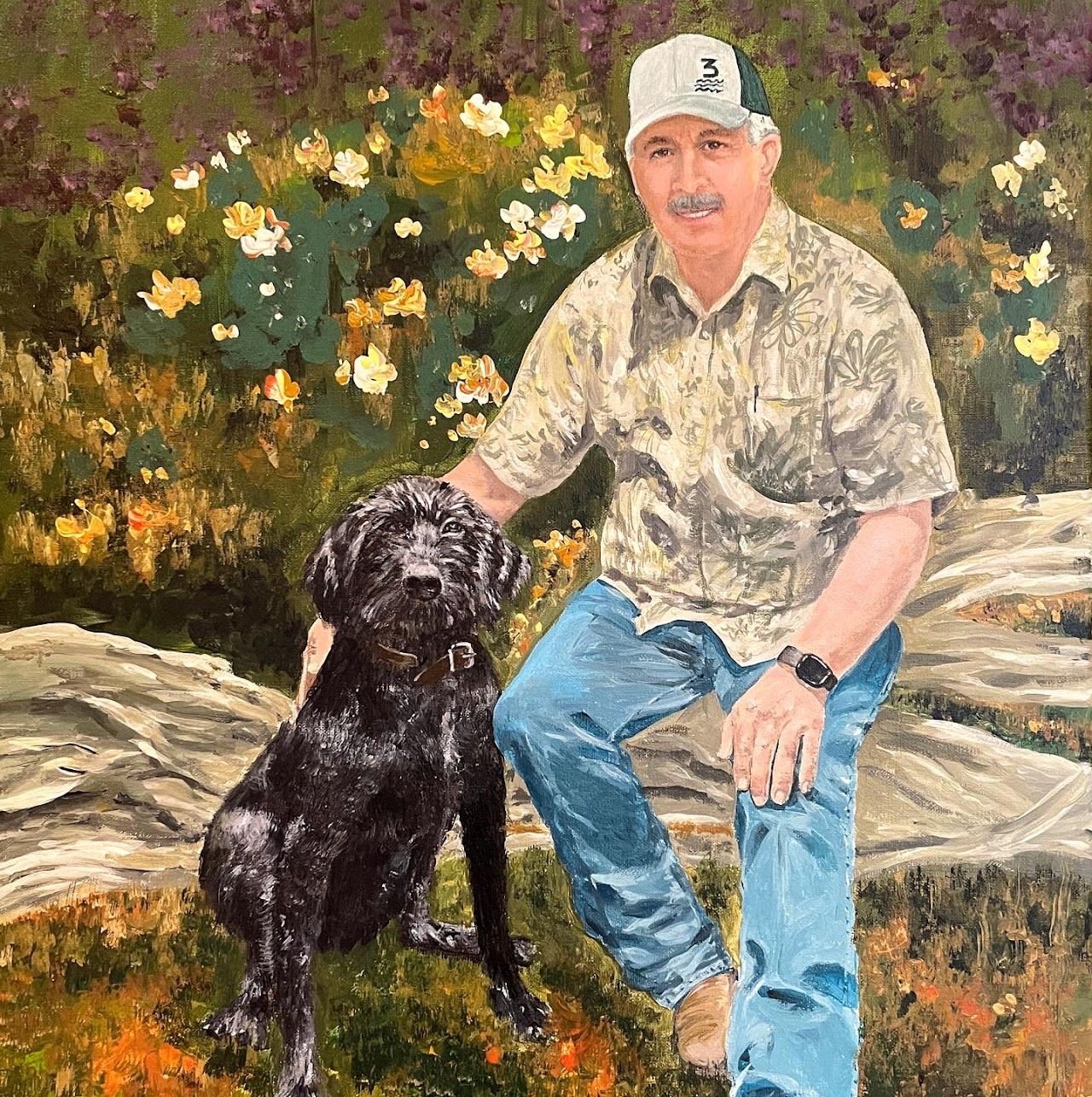 Commissioned portrait of a man with his dog by Joanna Purvis