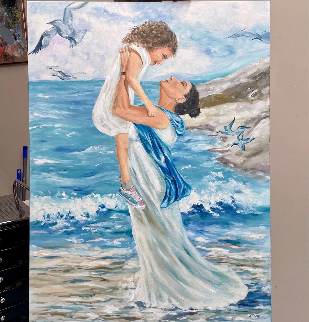 Mother and child by the sea, painting by Joanna Purvis
