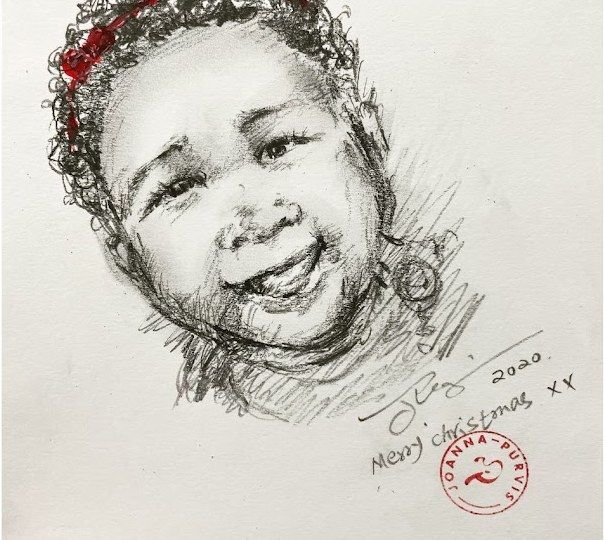 Portrait sketch of a smiling baby girl by Joanna Purvis