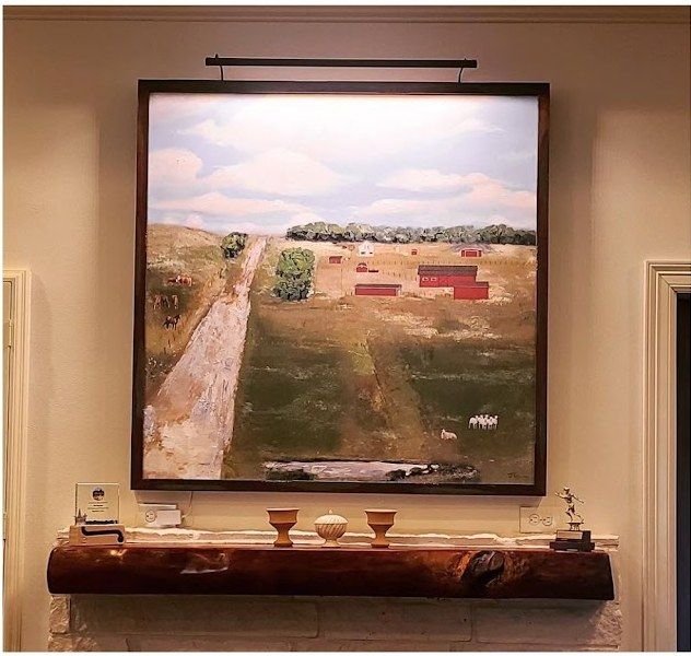 Commissioned ranch landscape painting by Joanna Purvis above a mantel