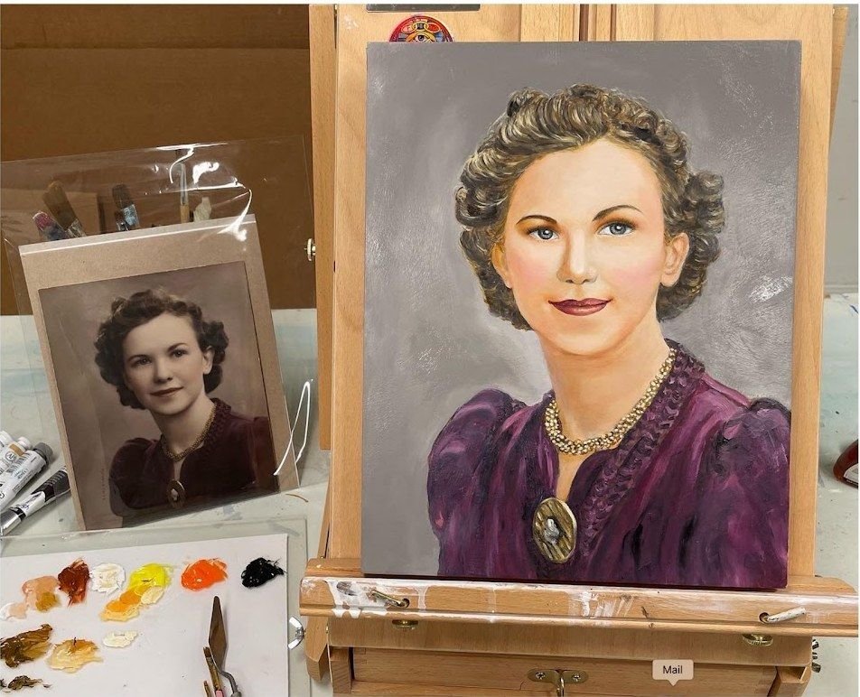 Portrait painting from a vintage photograph on the easel of Joanna Purvis