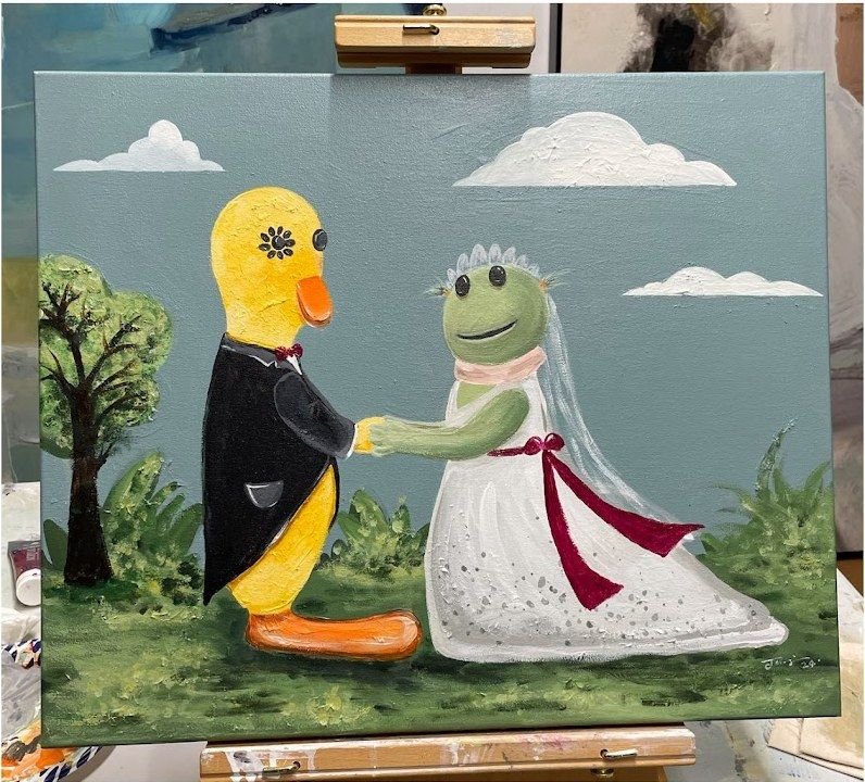 Custom engagement proposal painting of two cartoon characters by Joanna Purvis